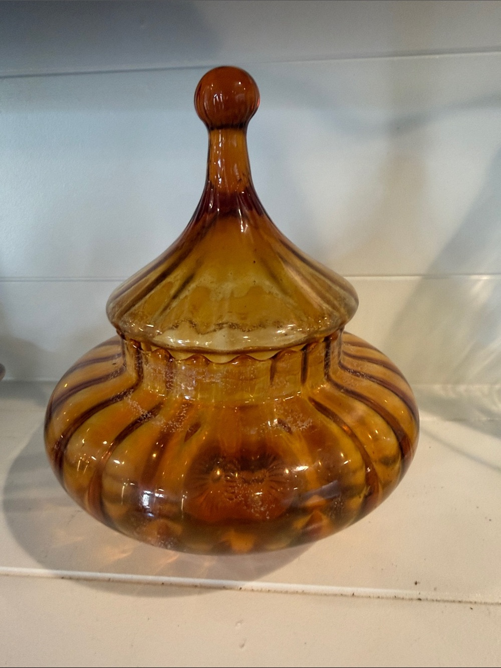 Vintage Empoli Amber Glass Decorative Lidded Jar - Home Art